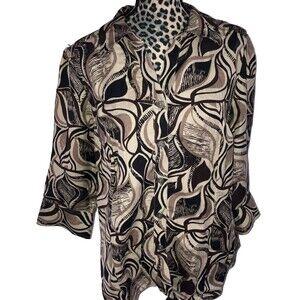 east 5th top Blouse 1X Brown Paisley LINEN Blend Button Up Hi Low Floral